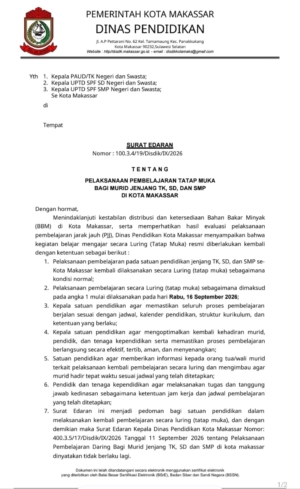 Anteran BBM Mulai Landai, Sekolah di Makassar Kembali Tatap Muka Mulai Besok