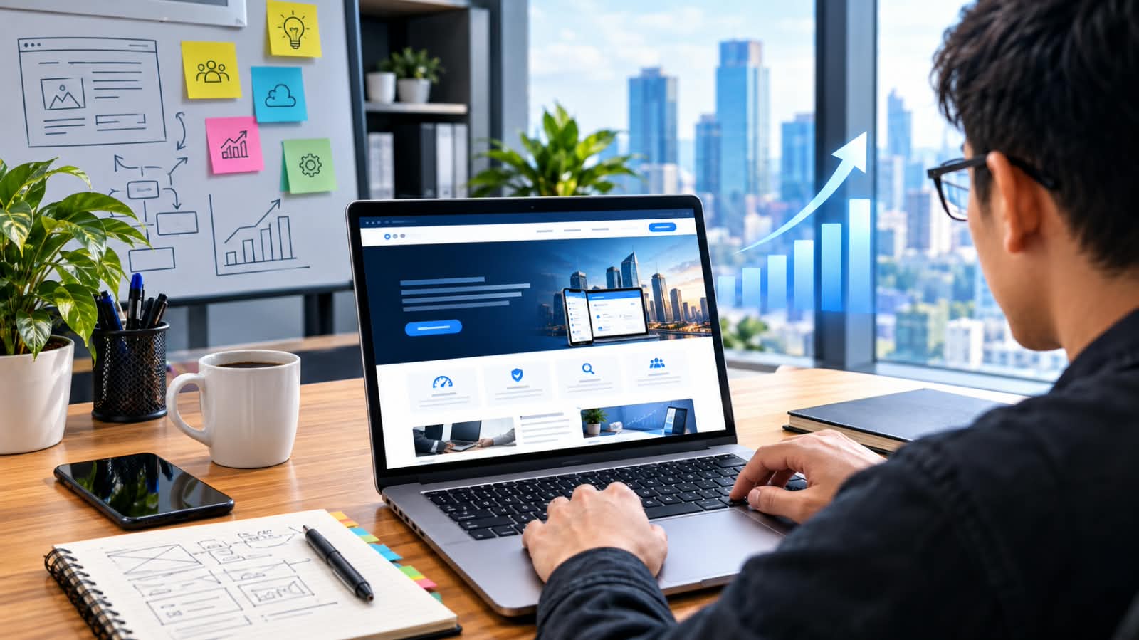 Ilustrasi startup menggunakan website profesional yang dikembangkan web developer untuk mendukung ROI bisnis